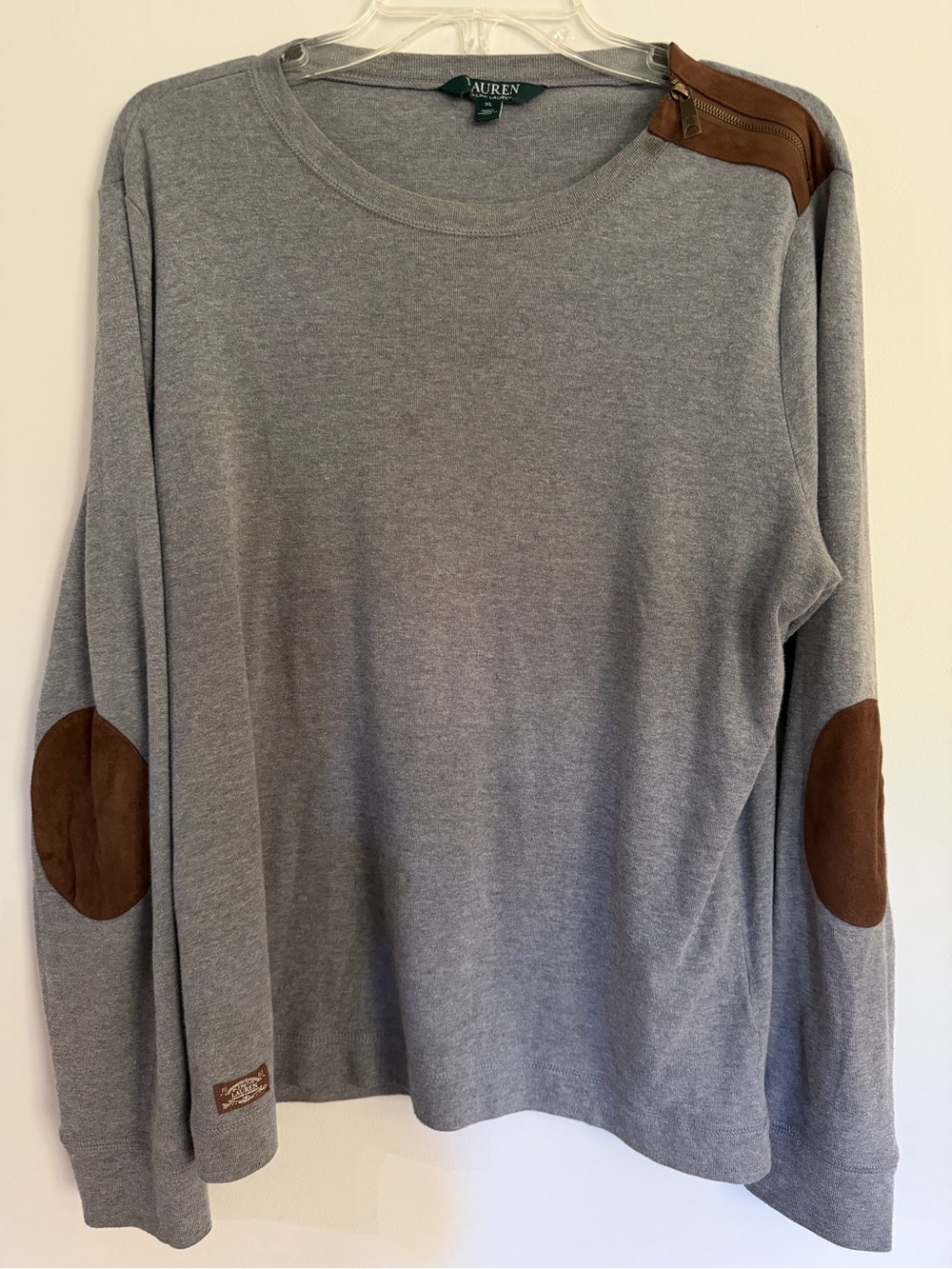 Ralph Lauren Gray Long-Sleeve Sweater with Brown Elbow Patches Women’s XL
